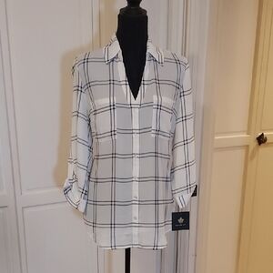 Fortune & Ivy White Blouse V Neck Windowpane Black White Size L